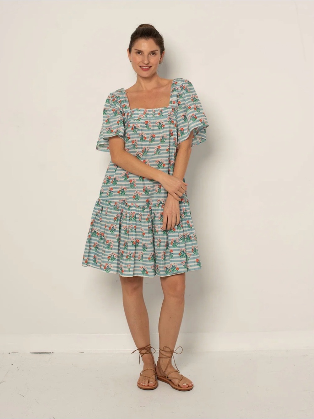 Ophelia & Indigo Short Fifi Dress Pastel Blue Stripe Floral size XXS